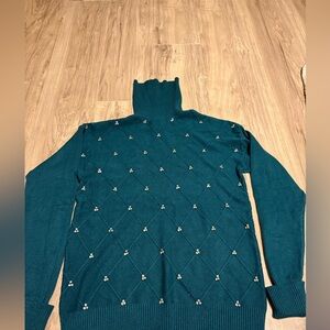 Teal Turtleneck Sweater with Embellishments